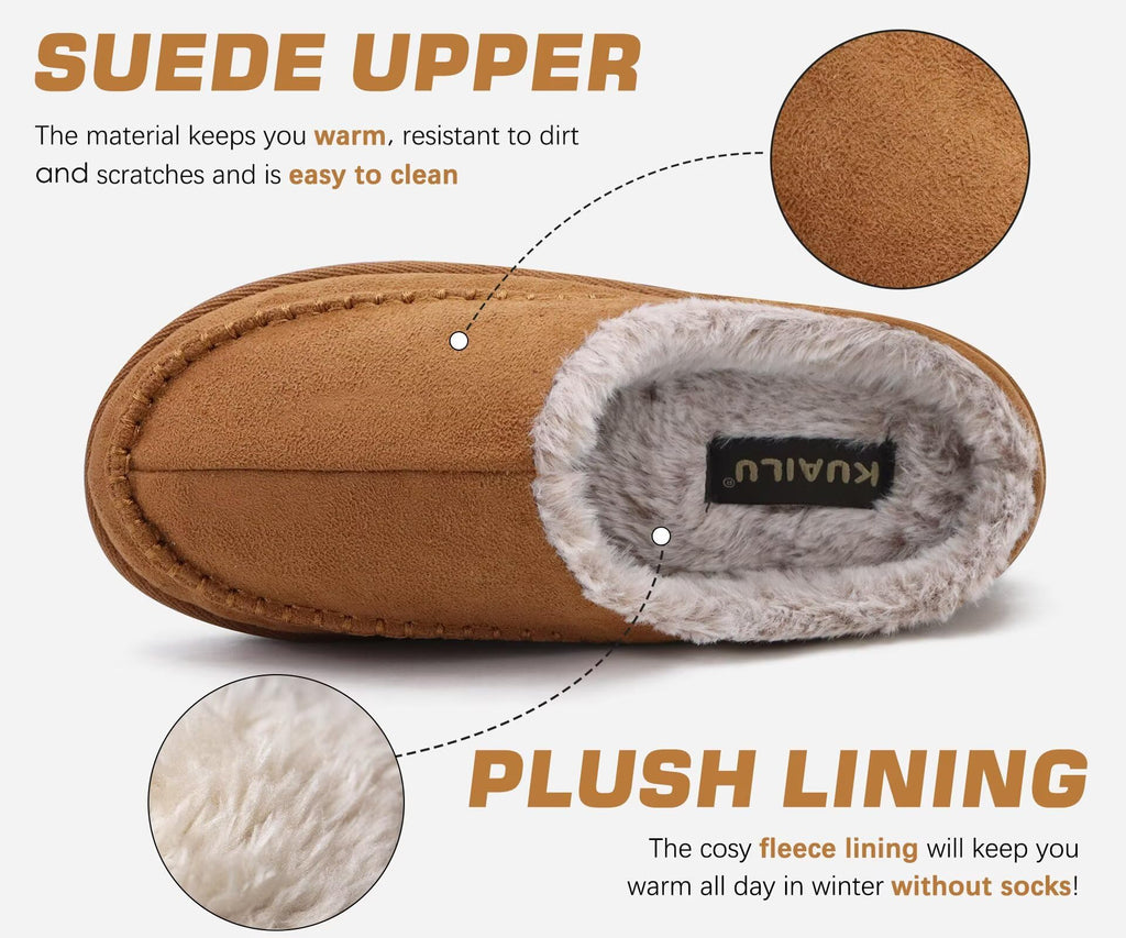 KuaiLu Mens Slippers with Orthopedic Arch Support Suede Faux Fur Fluff Plush Wool-like Warm House Shoes Comfortable Slip-on Bedroom Indoor Outdoor Clogs Slippers for Man, Size Khaki 7