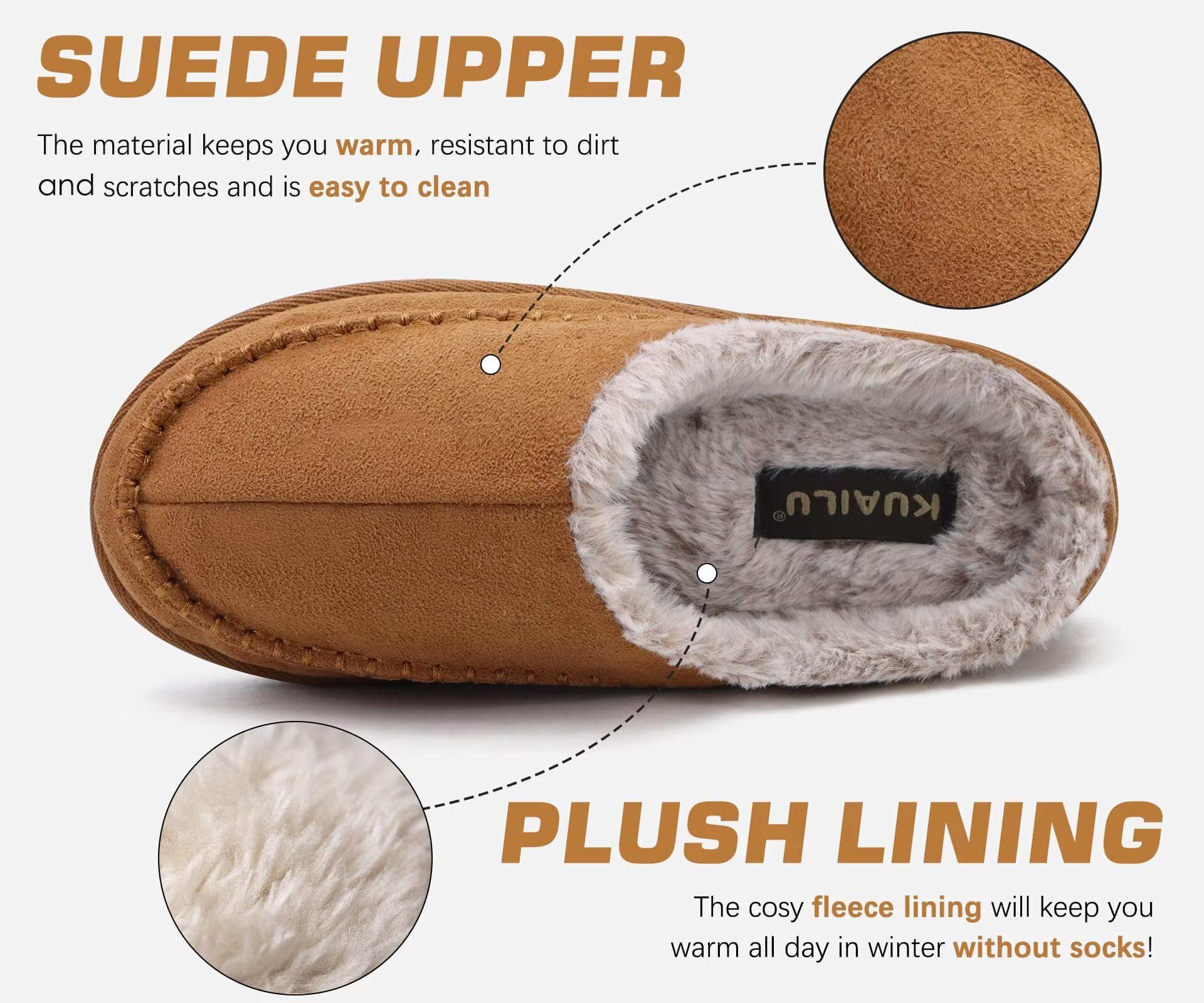 KuaiLu Mens Slippers with Orthopedic Arch Support Suede Faux Fur Fluff Plush Wool-like Warm House Shoes Comfortable Slip-on Bedroom Indoor Outdoor Clogs Slippers for Man, Size Khaki 7