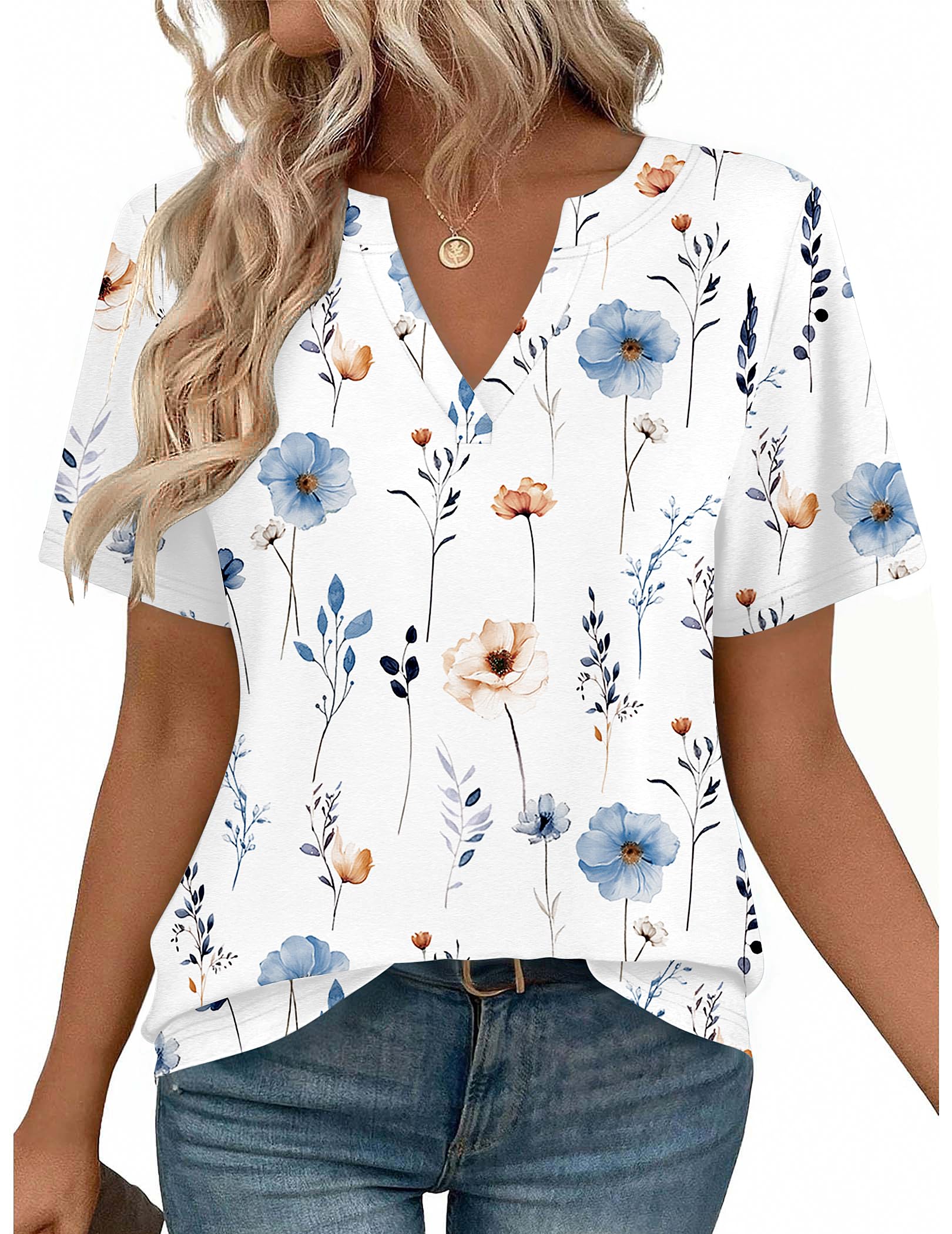 Zeagoo Shirts for Women Short Sleeve Floral Blouses Clothes Business Work Dressy Outfits White Flowers XL