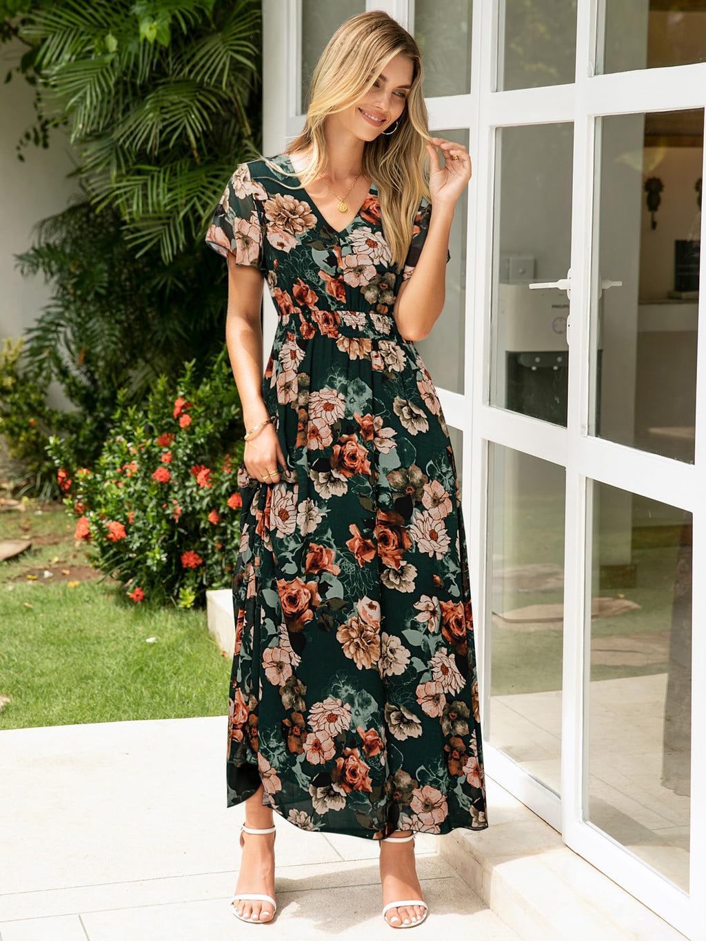 Simplee Womens Floral Maxi Dress - Short Sleeve Summer Boho Wedding Guest Dress Empire Waist Chiffon Modest Midi Dresses Green,L