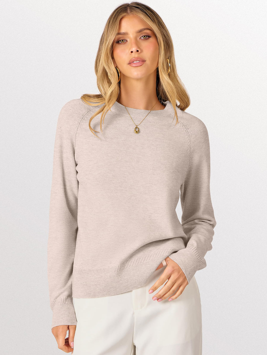 ANRABESS Sweaters for Women 2025 Long Sleeve Crewneck Loose Fit Lightweight Knit Basic Fall Sweater Outfits Almond S