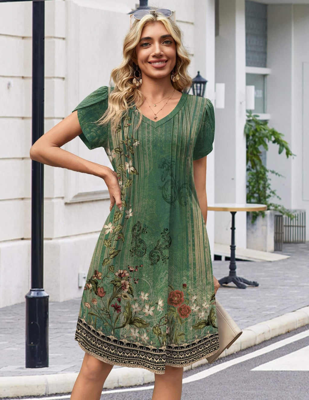 Zeagoo Floral Dresses for Women Casual Summer Dresses Fit and Flare Dress Loose Fit A Line Dress Boho Sundress, Green Floral 01