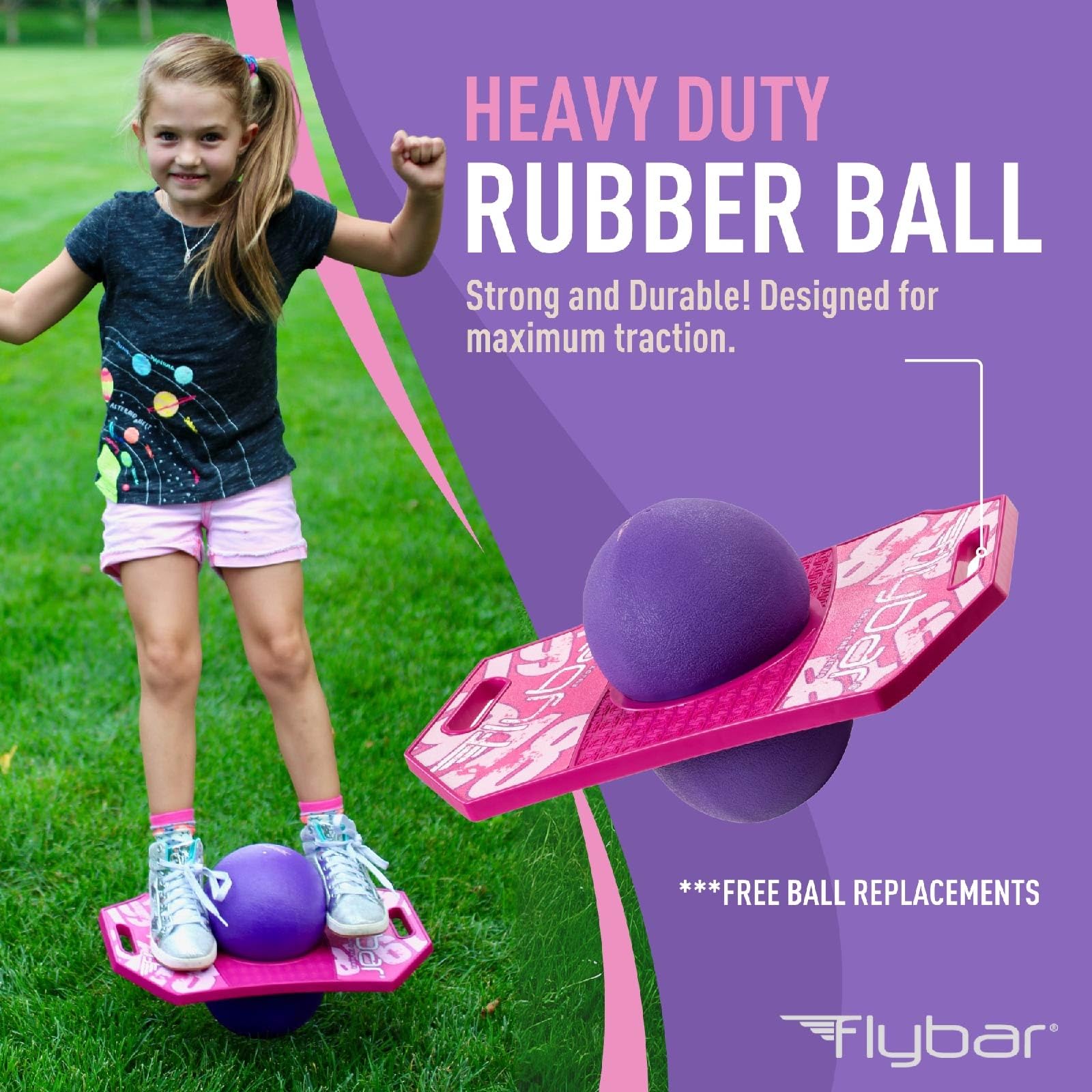 Flybar Pogo Trick Ball for Kids, Trick Bounce Board for Boys and Girls Ages 6+, Up to 160 lbs, Includes Pump, Easy to Carry Handle, Durable Plastic Deck Indoor, Outdoor Toy Pogo Jumper (Pink Berry 2)