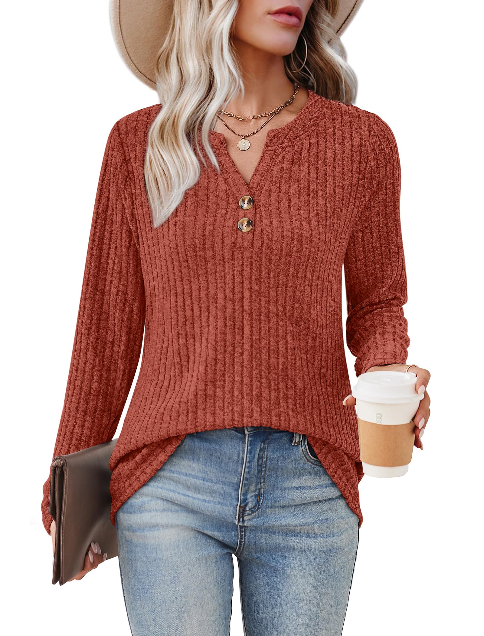 Sampeel Womens Tops Trendy Fall Clothes 2025 Fashion Outfits Winter Clothing Fashion Ladies Sweaters Dressy Casual Shirts Thanksgiving Outfits Comfiest Airport Caramel L