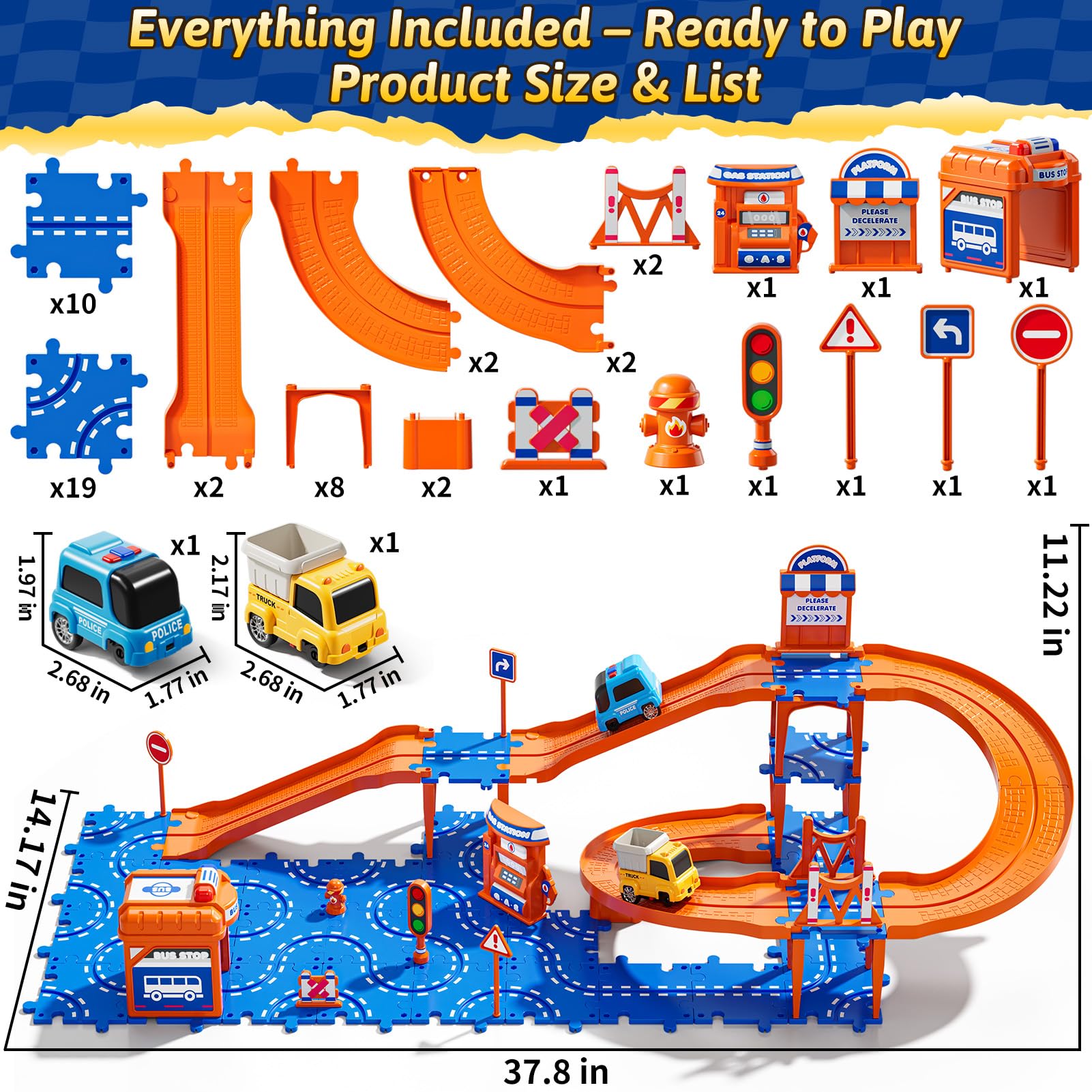 Guminnara Toddler Puzzle Race Cars Track Toys for Kids Age 3-5 2-4 Years, 59PCS Puzzles Car Track Set Includes 2 Cars and Road Signs, Educational Birthday Gifts for Kids, Boys and Girls