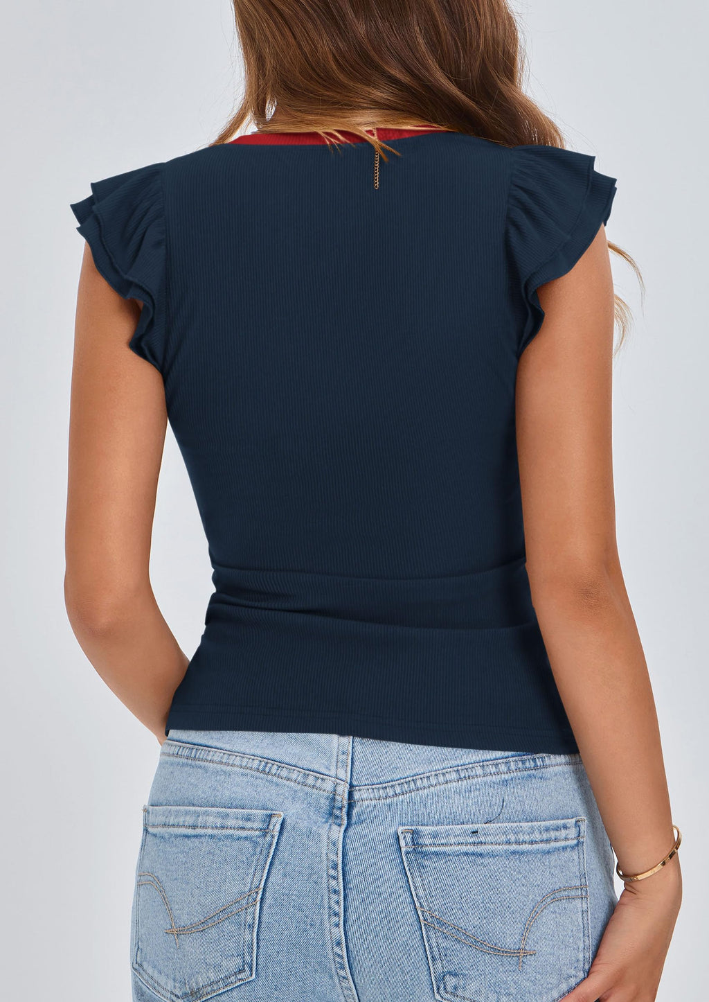 PRETTYGARDEN Womens V Neck Summer Tops Ruffle Sleeveless Slim Fit T Shirts Going Out Casual Blouses 2026 (Navy,Medium)