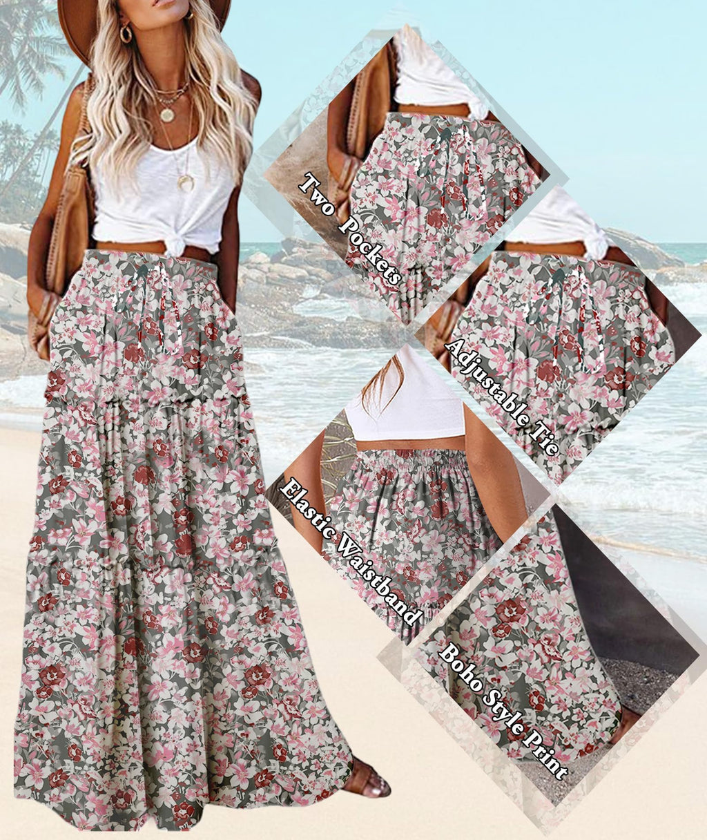EARKOHA Trendy Lightweight Drawstring Tiered Ruffles Paisley Hippie Plus Size Bohemian Long Maxi Skirt with Deep Pockets for Office Music Festival Travel Picnic Dating Fall Outfits White Floral M