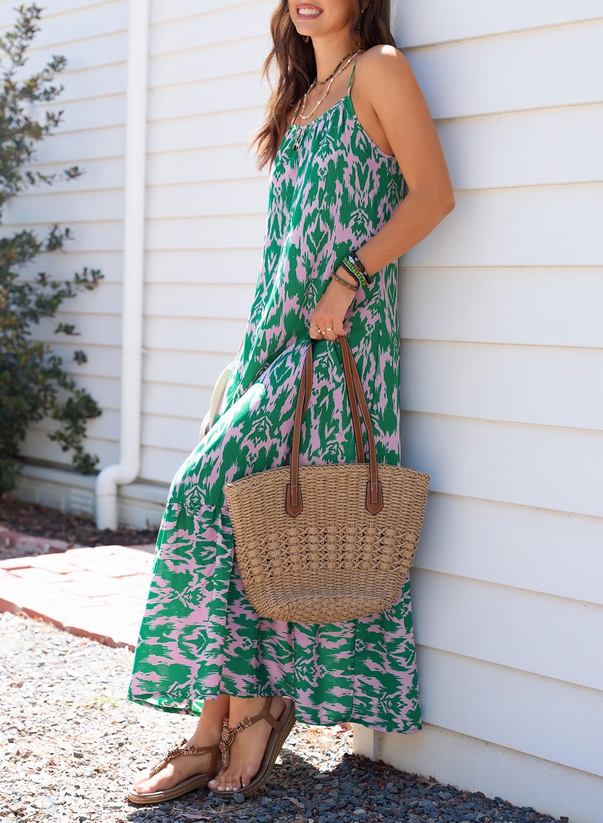 Dokotoo Beach Dresses for Women Summer Casual Maxi Dresses Scoop Neck Boho Beach Dress Sleeveless Spaghetti Strap Sexy Dress Ruffle A Line Flowy Dresses Medium Green