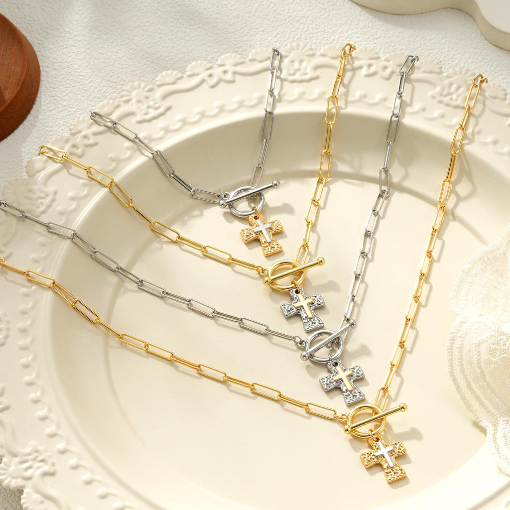 Treasure Bender Cross Necklace for Women Trendy -14K Gold Plated Chunky Gold Silver Cross Pendant Necklace Waterproof Non Tarnish Jewelry Christian Gift for Women