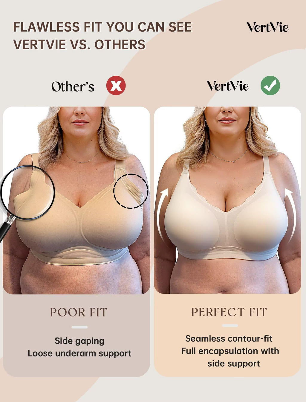 Vertvie Women Seamless Jelly Bras No Underwire Supportive Wireless Push Up Full Coverage Bralette Comfy Scalloped T-Shirt Bra(Nude,X-Large)