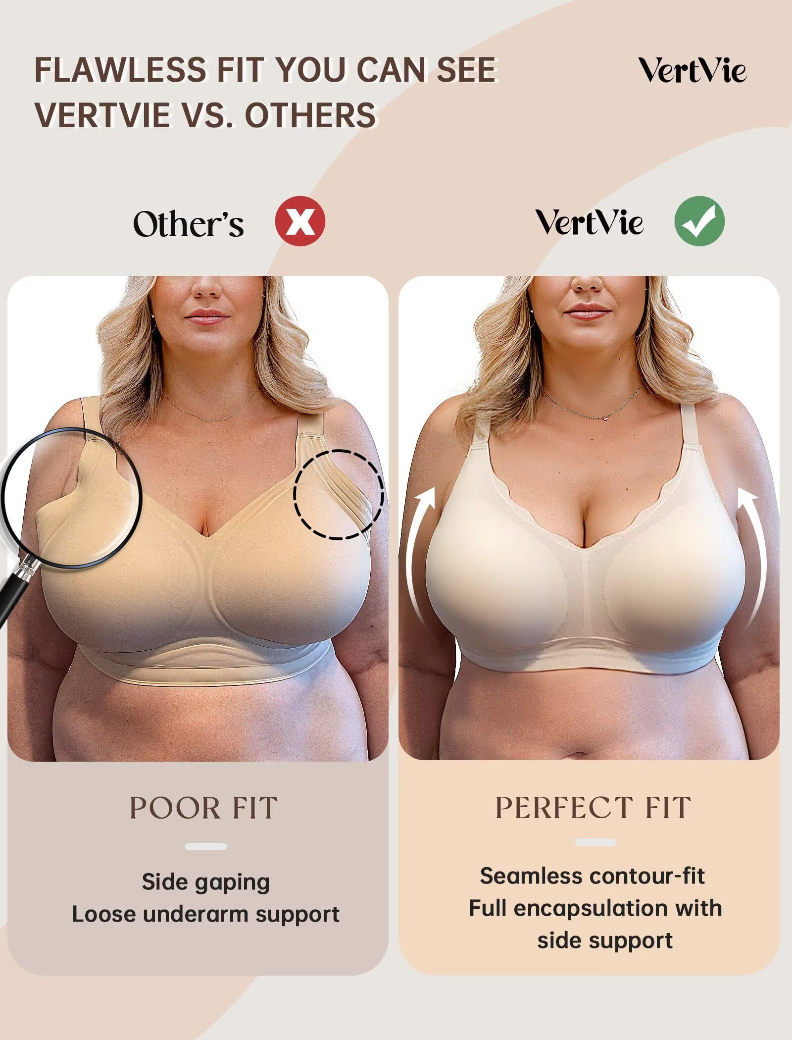 Vertvie Women Seamless Jelly Bras No Underwire Supportive Wireless Push Up Full Coverage Bralette Comfy Scalloped T-Shirt Bra(Nude,X-Large)