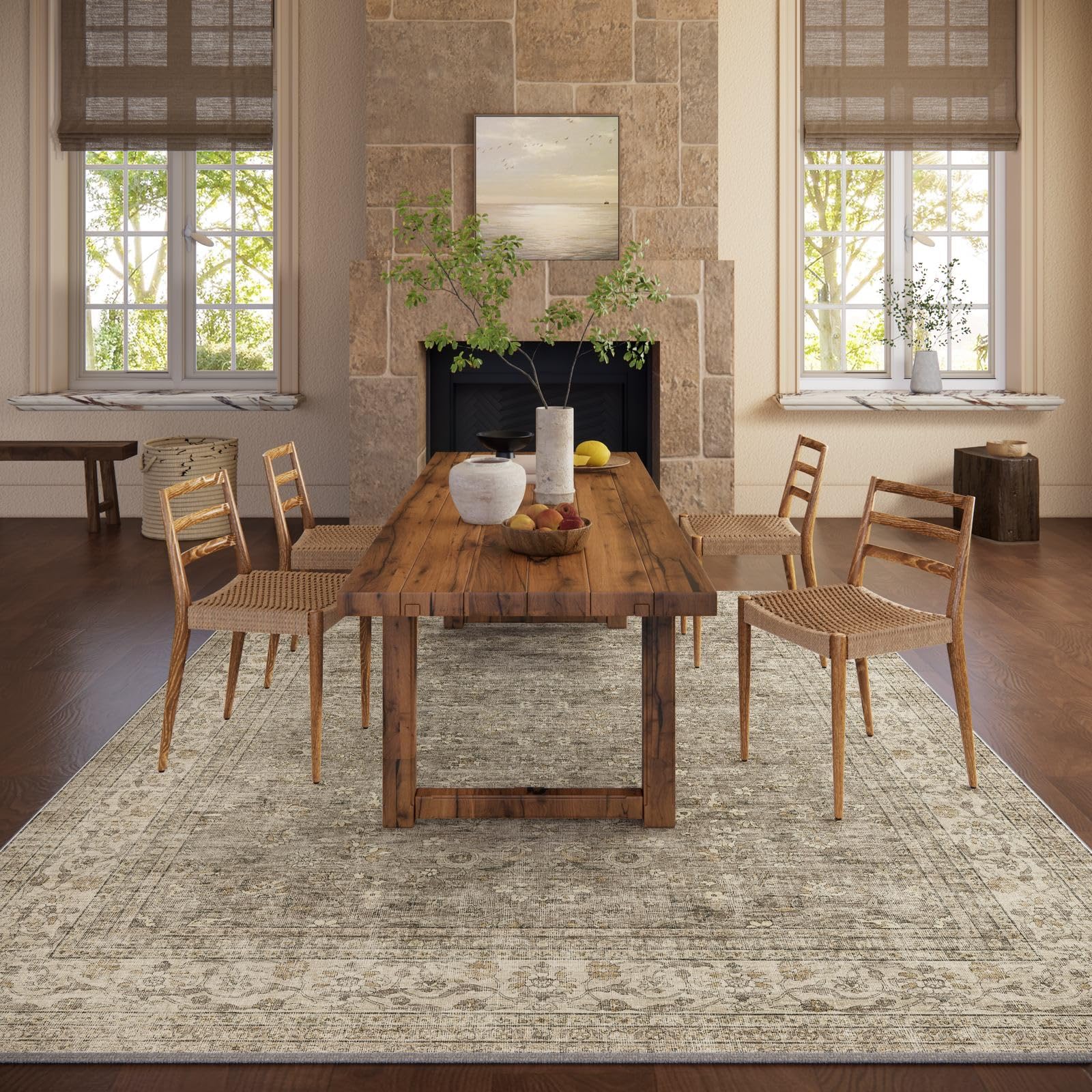 Machine Washable Rugs for Living Room: 8x10 Area Rugs for Bedroom Vintage Stain Resistant Non Slip Low Pile Lightweight Boho Carpet for Kitchen Dining Room Farmhouse Kids Room Nursery