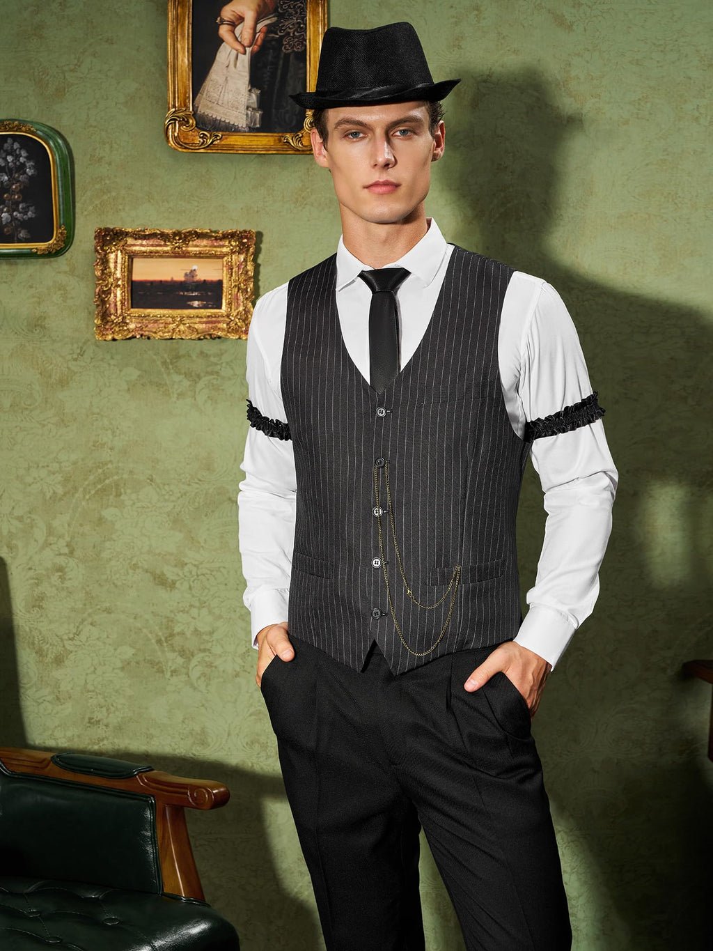 YESSA 1920s Mens Costume,1920 Mens Outfit,Roaring 20s Costumes for Men,1920s Hat Vest Pocket Watch Suspenders Tie
