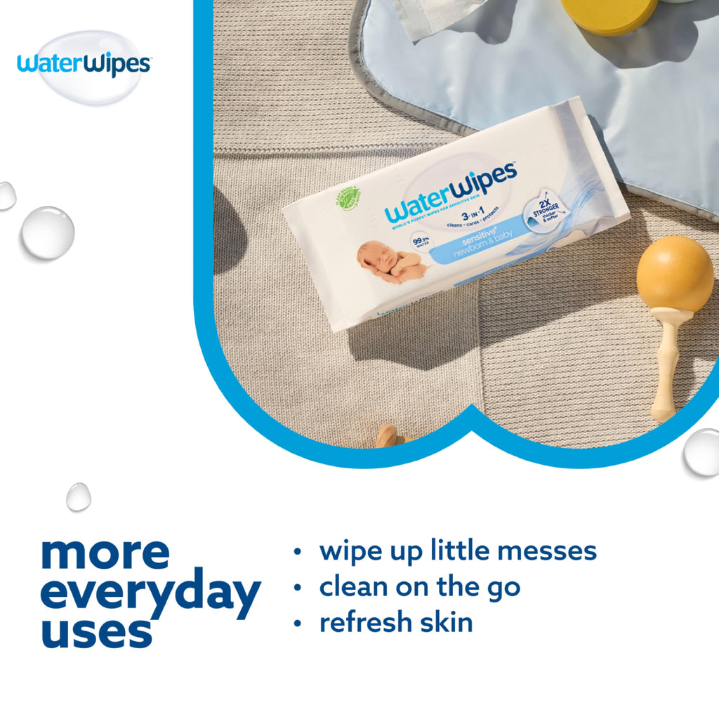 WaterWipes Sensitive+ Newborn & Baby Wipes, 720 Count (12 Packs), 3-In-1 Cleans, Cares, Protects, 99.9% Water, Unscented