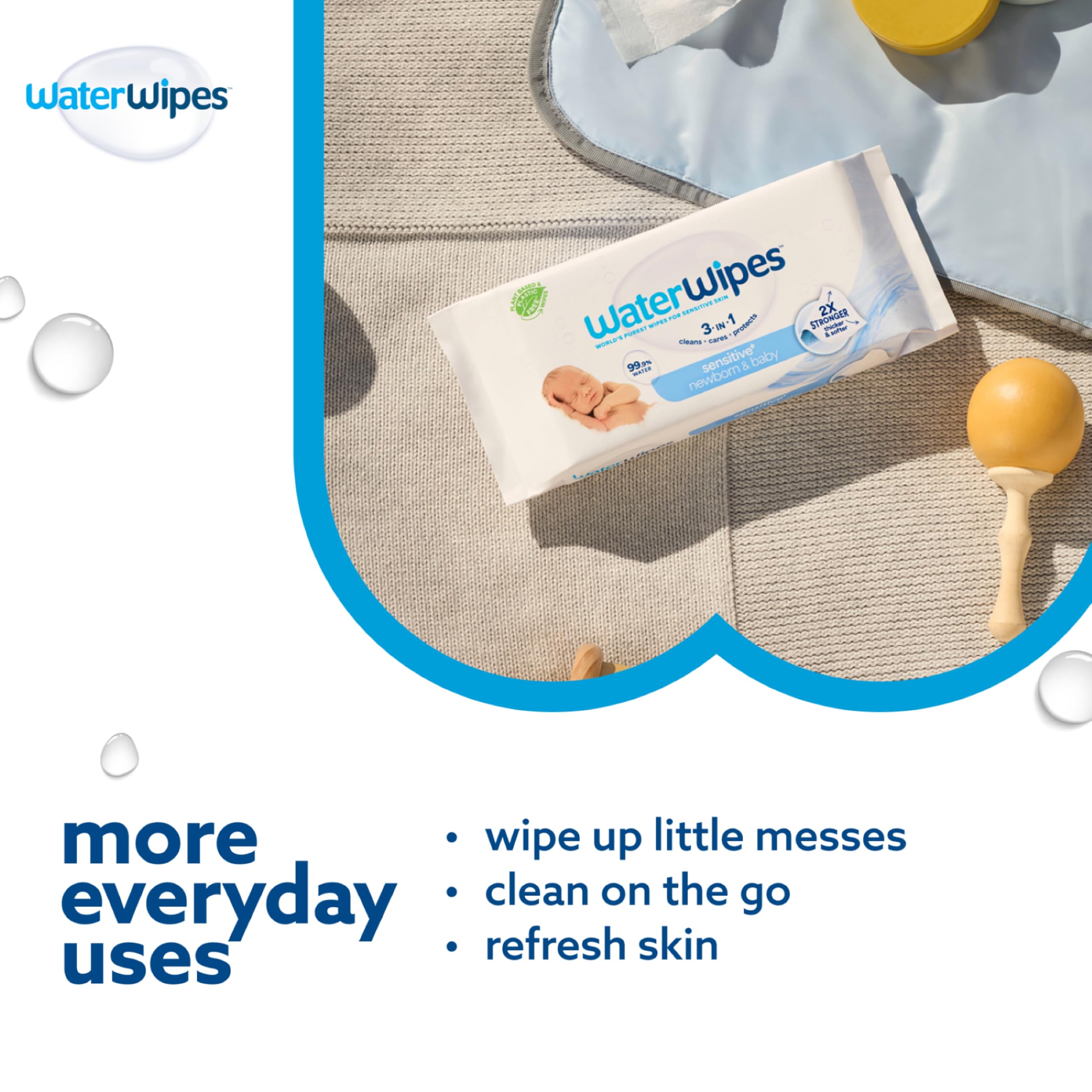 WaterWipes Sensitive+ Newborn & Baby Wipes, 720 Count (12 Packs), 3-In-1 Cleans, Cares, Protects, 99.9% Water, Unscented