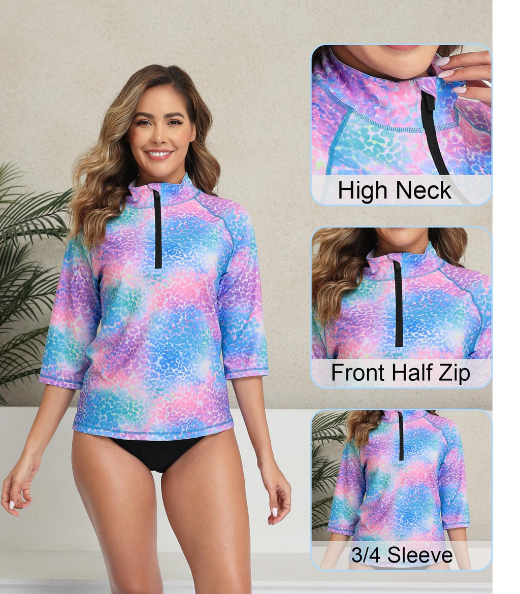 Halcurt Women's 3/4 Sleeve Rash Guard Swimsuit Top High Neck Half Zip Swim Shirt Only UPF50+ Quick Dry Bathing Suit Leopard M