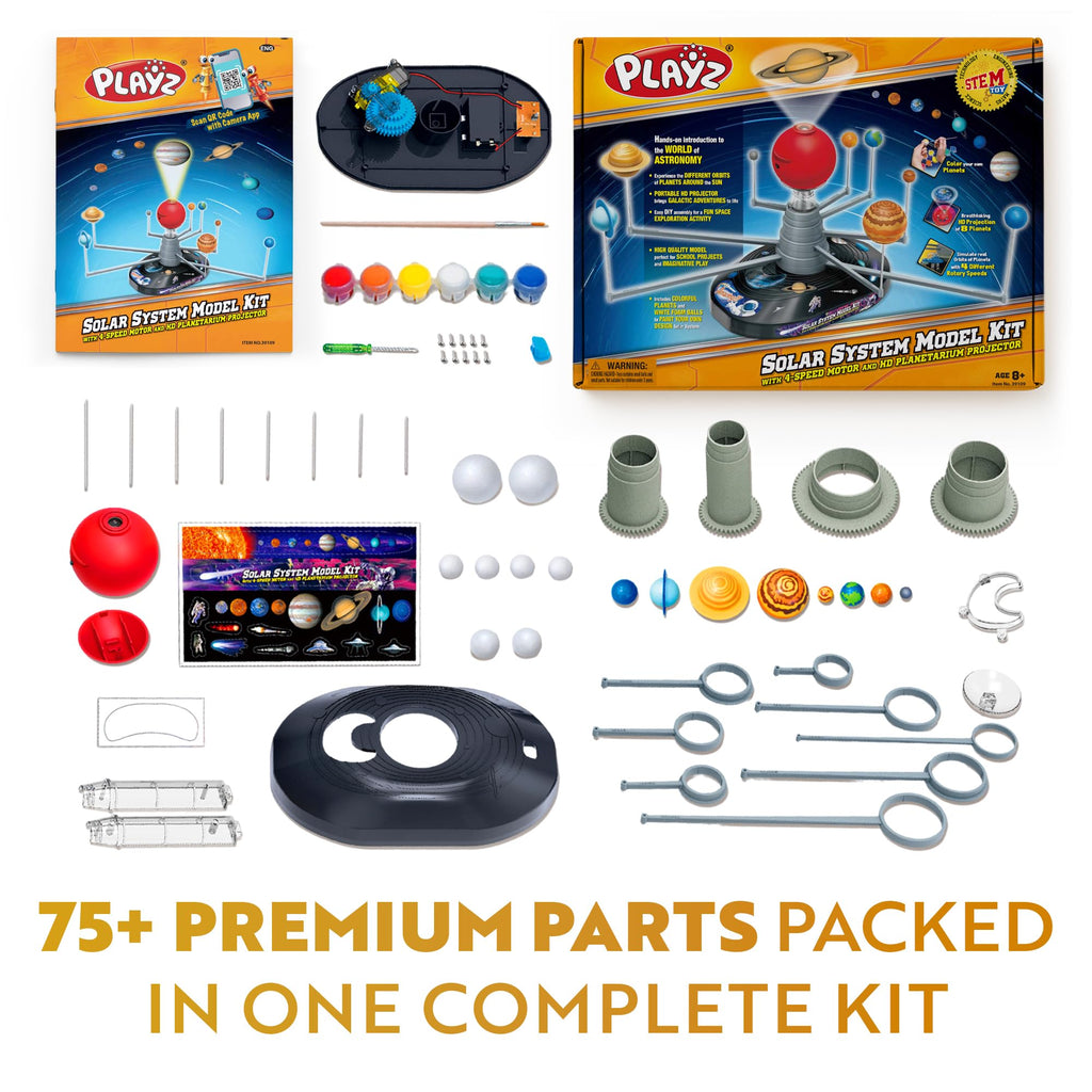 Playz Premium Solar System Model Kit for Kids - 4 Speed Motor, HD Planetarium Projector, 8 Painted Planets & 8 White Foam Balls with Paint and Brush for a Hands-On STEM DIY Project for Space Toys