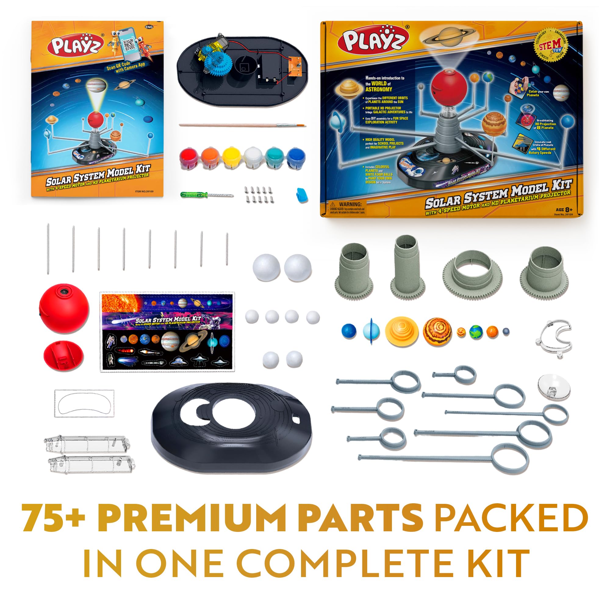 Playz Premium Solar System Model Kit for Kids - 4 Speed Motor, HD Planetarium Projector, 8 Painted Planets & 8 White Foam Balls with Paint and Brush for a Hands-On STEM DIY Project for Space Toys