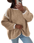 KIRUNDO Womens Sweaters 2026 Fall Oversized Long Sleeve Chunky Knit Crew Neck Contrast Stitching Pullover Winter Clothes(Khaki, Large)