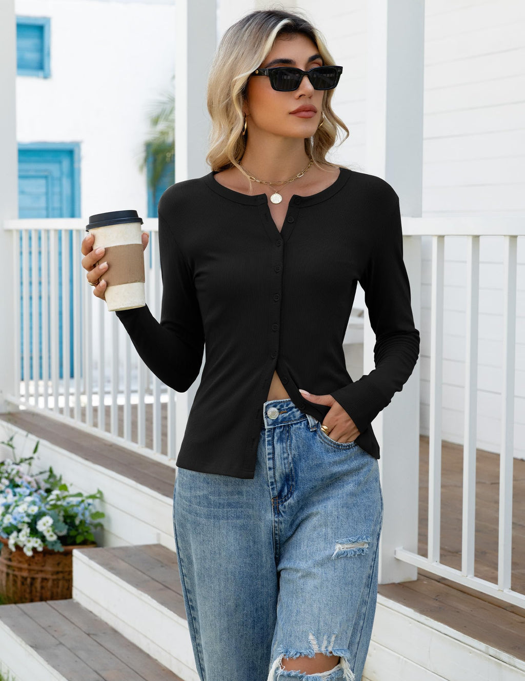 Gleeneat Long Sleeve Going Out Tops Button Down Up Ribbed Cardigan Sweaters for Women Trendy Black Cropped Fall Crop Light Weight Basic Cardigans Knit Shirts 2025 Cute Spring Outfits