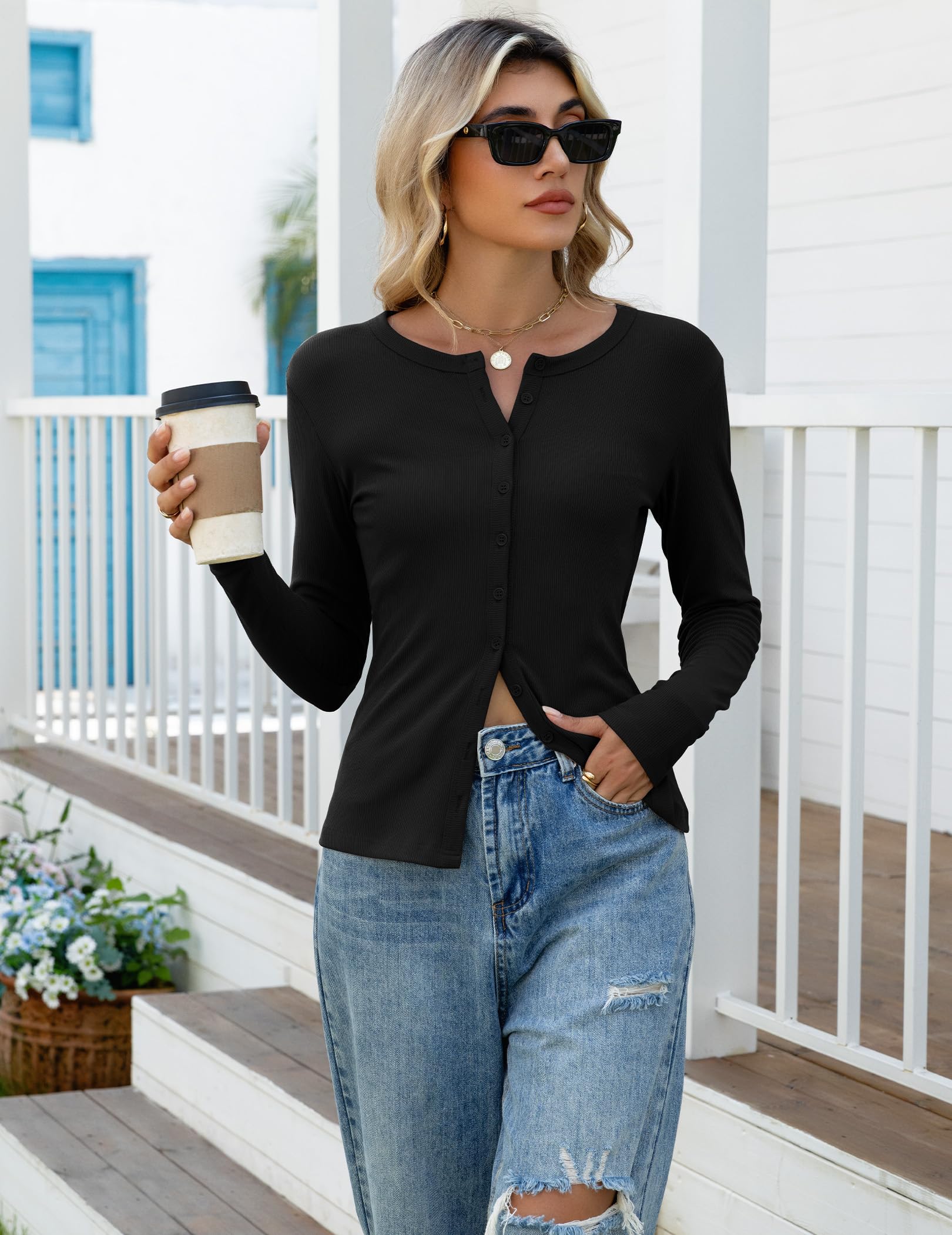 Gleeneat Long Sleeve Going Out Tops Button Down Up Ribbed Cardigan Sweaters for Women Trendy Black Cropped Fall Crop Light Weight Basic Cardigans Knit Shirts 2025 Cute Spring Outfits