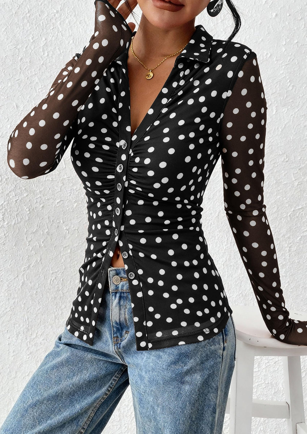 PRETTYGARDEN Women Button Down Floral Shirts 2026 Fall Trendy Long Sleeve V Neck Mesh Boho Blouse Spring Tops Date Outfits (01 Dot Black White,Large)