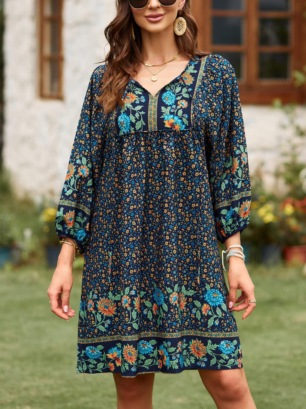 Qearal Womens Summer Beach Dresses V Neck 3/4 Long Sleeve Floral Print Casual Dresses Navy, XL