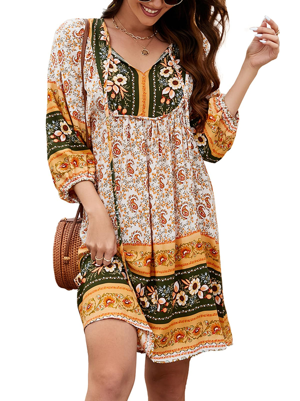 Qearal Casual Beach Dresses for Women 3/4 Sleeve Boho Floral Print Mini Dress Loose Fitting Dress Yellow XL