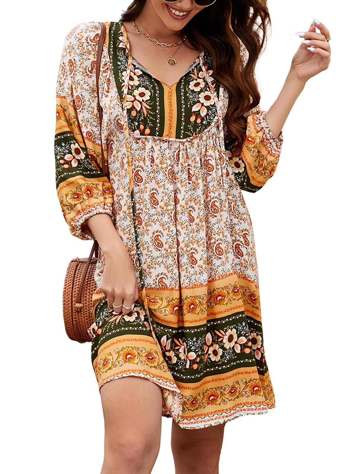 Qearal Casual Beach Dresses for Women 3/4 Sleeve Boho Floral Print Mini Dress Loose Fitting Dress Yellow XL