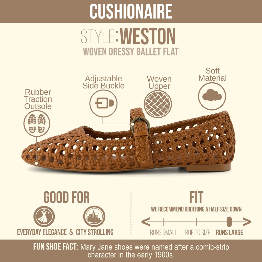 CUSHIONAIRE Weston Hand Woven Mary Jane Flats for Women, Comfortable Dressy Ballet Flats with Braided Adjustable Buckle and Memory Foam Cushioning, Cognac 8.5