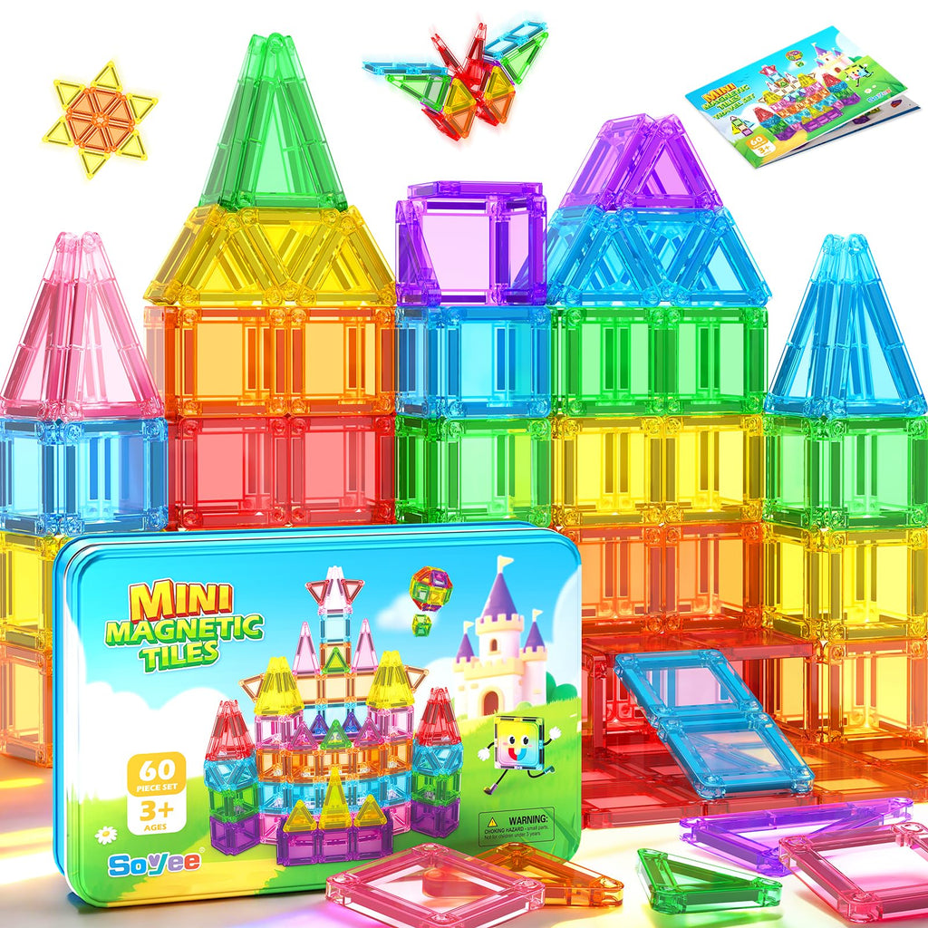 Soyee Mini Magnetic Tiles 60PCS Toddler Kids Toys Travel Set with Metal Tin Case, Portable STEM Building Blocks Kids Toy for 3 4 5 6 7 8 Year Old Boys & Girls, Educational Toddler Kids