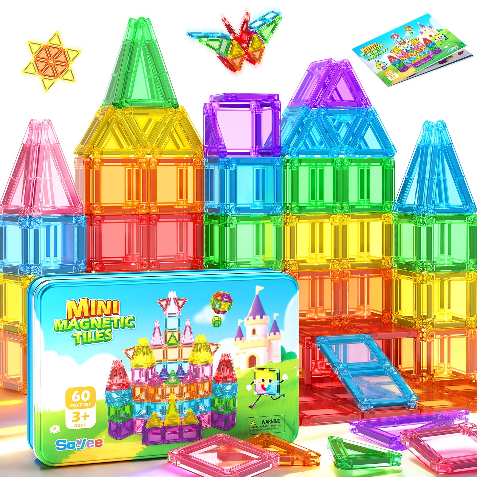Soyee Mini Magnetic Tiles 60PCS Toddler Kids Toys Travel Set with Metal Tin Case, Portable STEM Building Blocks Kids Toy for 3 4 5 6 7 8 Year Old Boys & Girls, Educational Toddler Kids