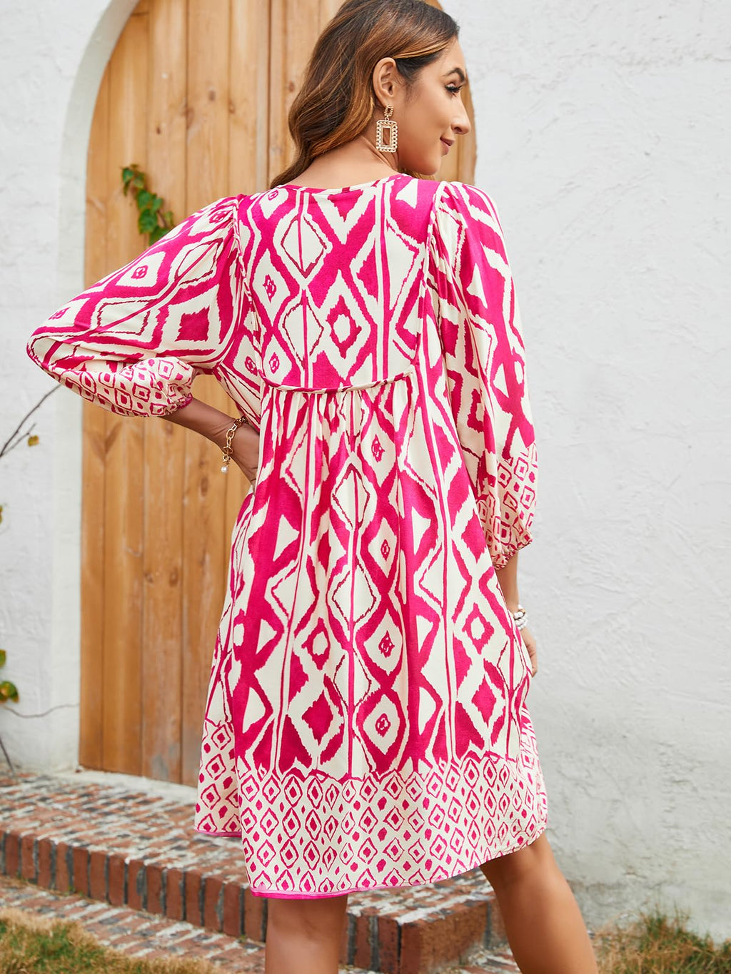 Qearal Summer Dresses for Women Boho Floral Print Dress 3/4 Sleeve Beach Cover Ups Hot Pink XL