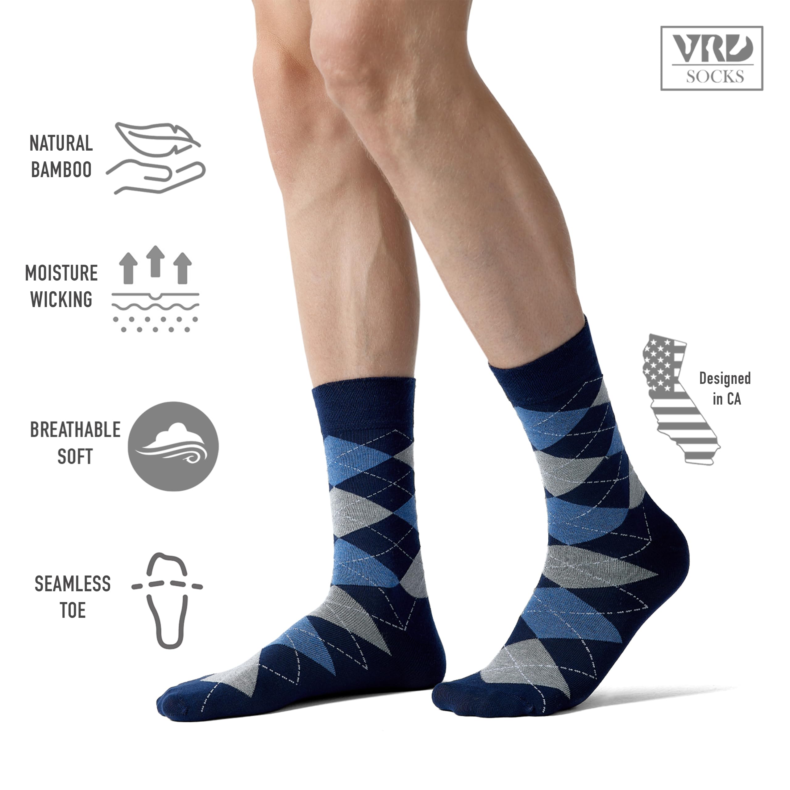 VRD Men’s Dress Socks Bamboo Rayon 5-Pack Crew Socks Assorted Pattern Fits Shoe Size 8-13 Gift Box