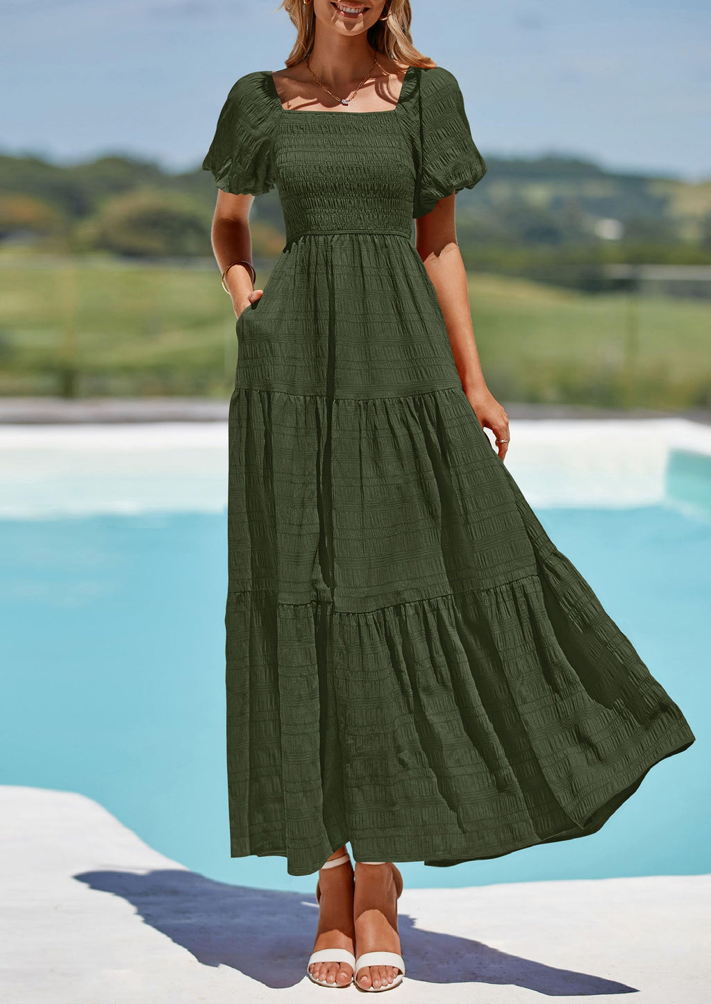 PRETTYGARDEN Womens Summer Puff Short Sleeve Maxi Dress Square Neck Smocked Tiered Ruffle A Line Long Flowy Beach Dresses (Army Green,Medium)
