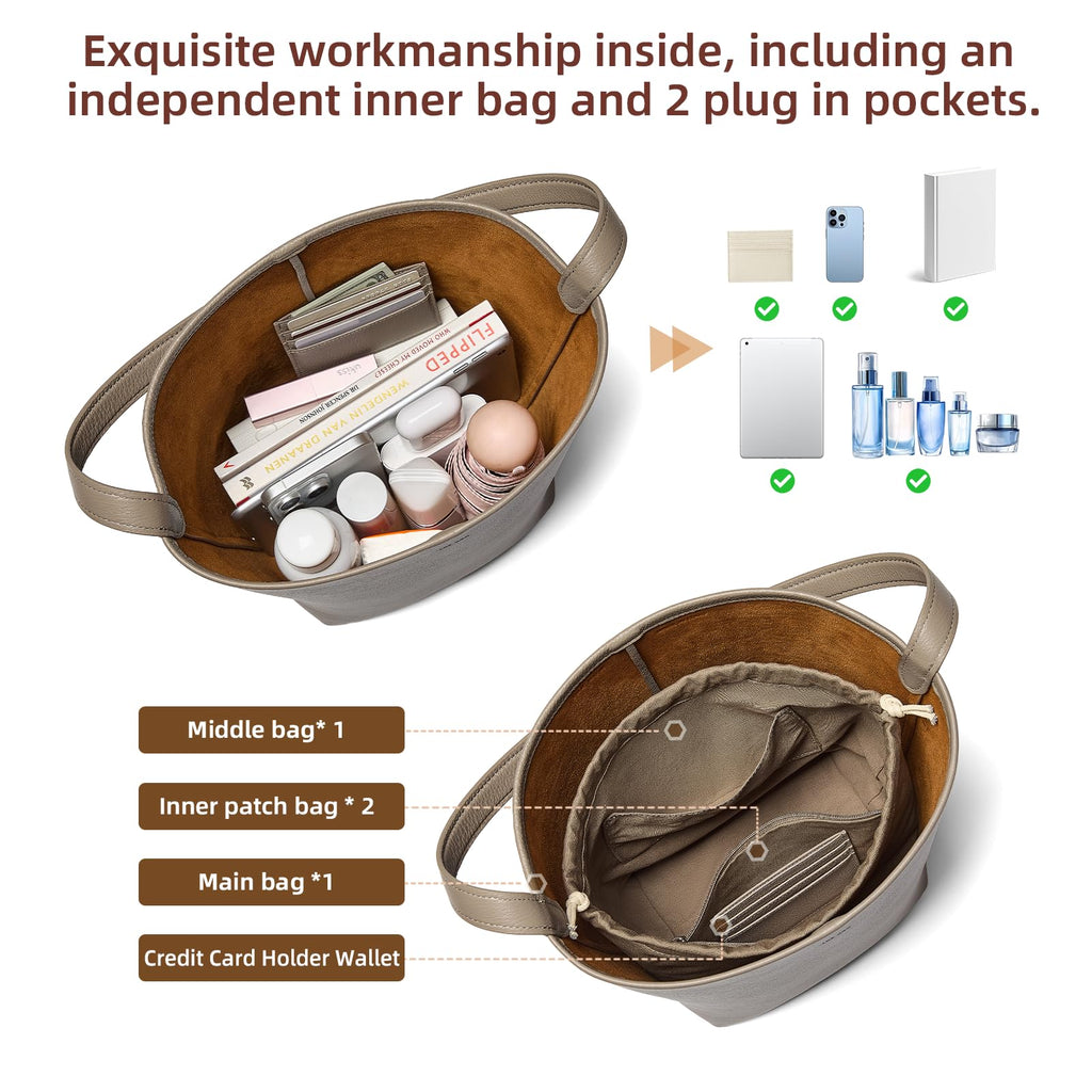 Genuine Leather Bucket Bag with Credit Card Holder Wallet, First Layer Pebble-grained Calfskin Tote Bag, Leather Handbag with Cotton Insert Pocket (Gray, Medium)