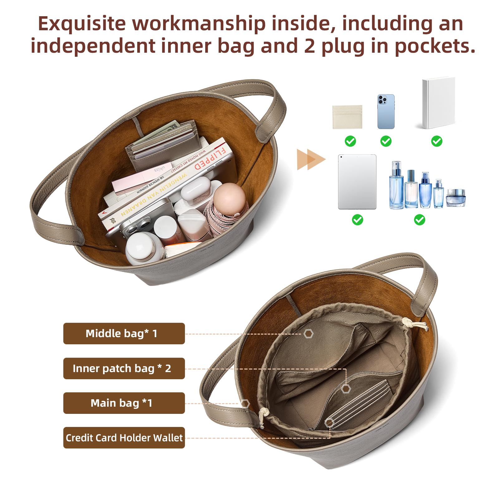 Genuine Leather Bucket Bag with Credit Card Holder Wallet, First Layer Pebble-grained Calfskin Tote Bag, Leather Handbag with Cotton Insert Pocket (Gray, Medium)