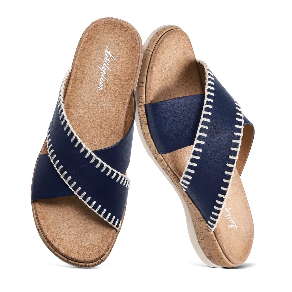 Littleplum Sandals For Women Slip On Arch Support Slides Comfortable Flat Sandals Summer Breathable Adjustable Orthotic Walking Shoes for Beach,Travel Blue Size 7.5