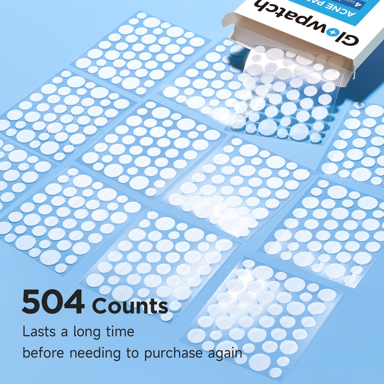 Glowpatch Pimple Patches for Face (504 Count), FSA Eligible Acne Patch Bulk, Zit Stickers 4 Sizes, Hydrocolloid Spot Stickers, Clear Acne Dots for Covering Zits, Blemishes and Breakouts