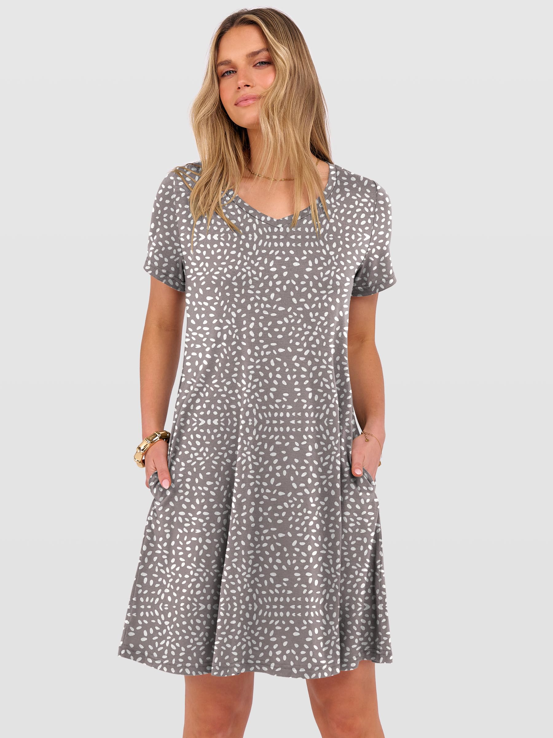 ANRABESS Women's Summer T Shirt Dress Casual V Neck Short Sleeve Floral Boho Flowy Mini Dresses 2026 Beach Vacation Clothes Light Brown White Spots Large