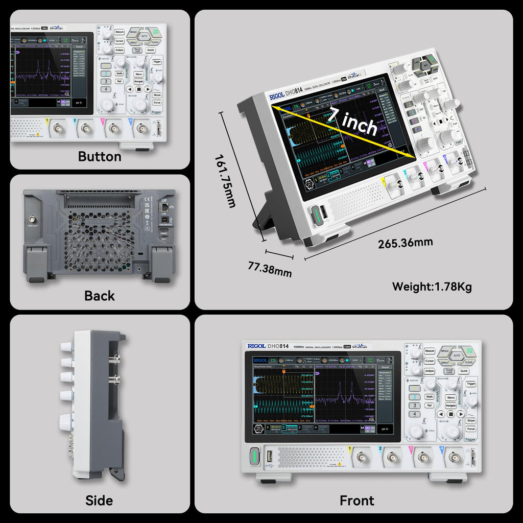 RIGOL Digital Oscilloscope DHO814 100 MHz 4-Ch 1.25 GSa/s 12-bit 25 Mpts UltraAcquire 1,000,000 wfms/s 7" Touch LAN/USB/HDMI Web Control SCPI for Power Ripple MCU Bus Debug