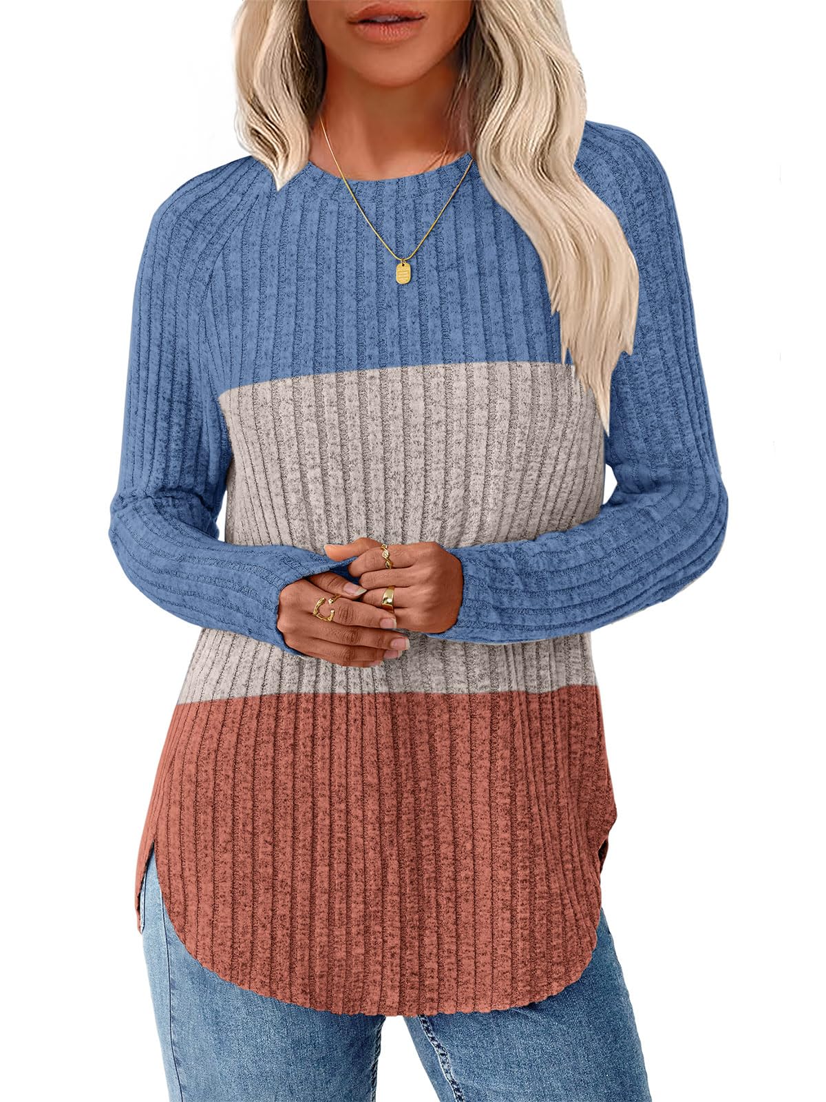 NORACORA Long Sleeve Shirts for Women Crew Neck Tunic Tops Loose Fit Lightweight Pullover Sweaters Trendy Sweatshirts 2025 Blue-caramel XXL