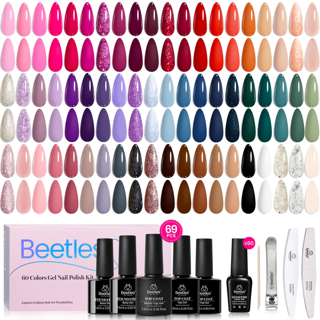 Beetles Gel Nail Polish Set - Transcendent Allure 60 Colors Winter Gel Polish Kit Orange Burgundy Red Green Brown Blue White Black Purple Glitter with Base Top Coat UV LED Needed DIY Gifts for Women