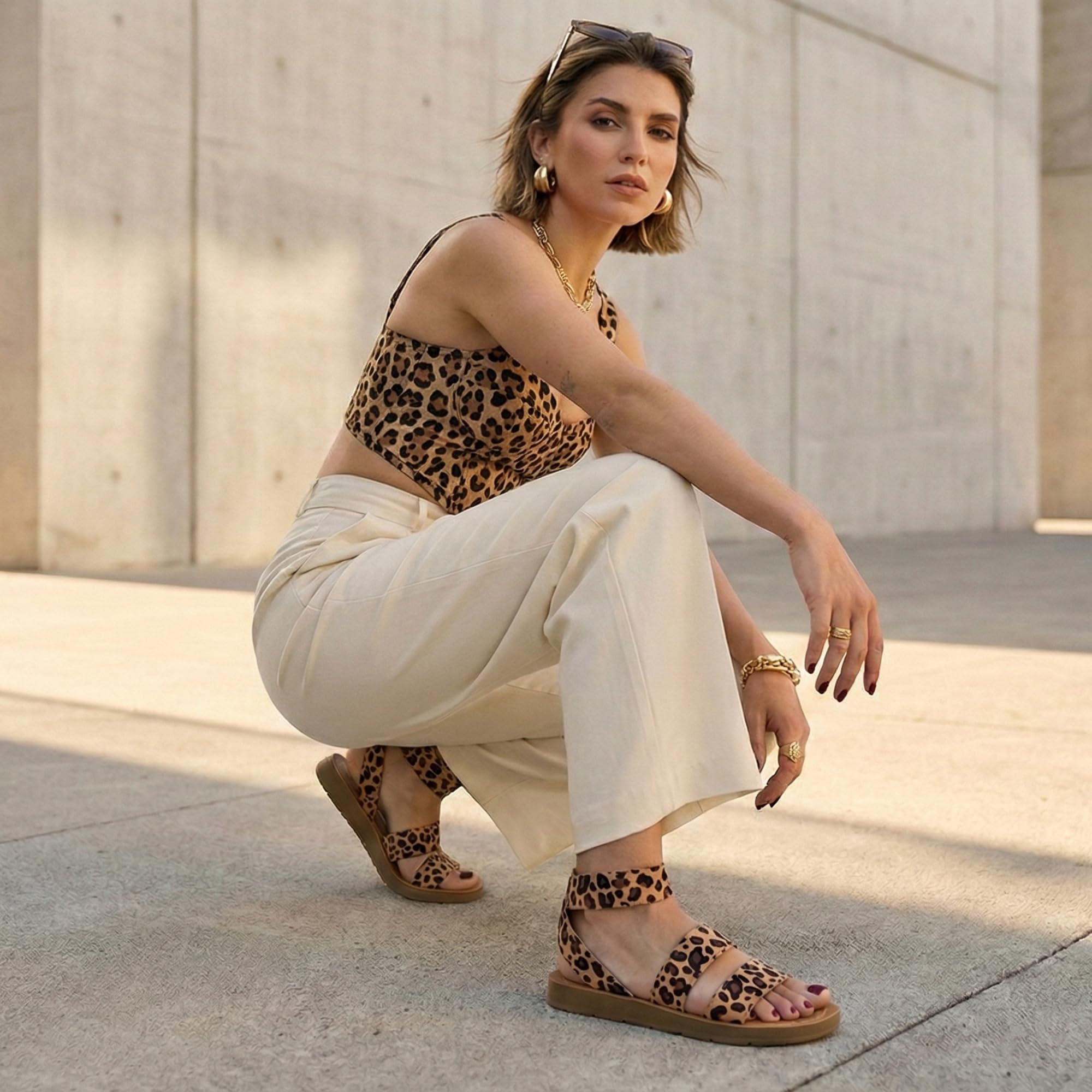 CUSHIONAIRE Indego Stretch Sandal – Lightweight Slip-On with Memory Foam & Soft Straps for All-Day Support | Casual or Dressy Summer Sandals for Women 2025, LEOPARD 9