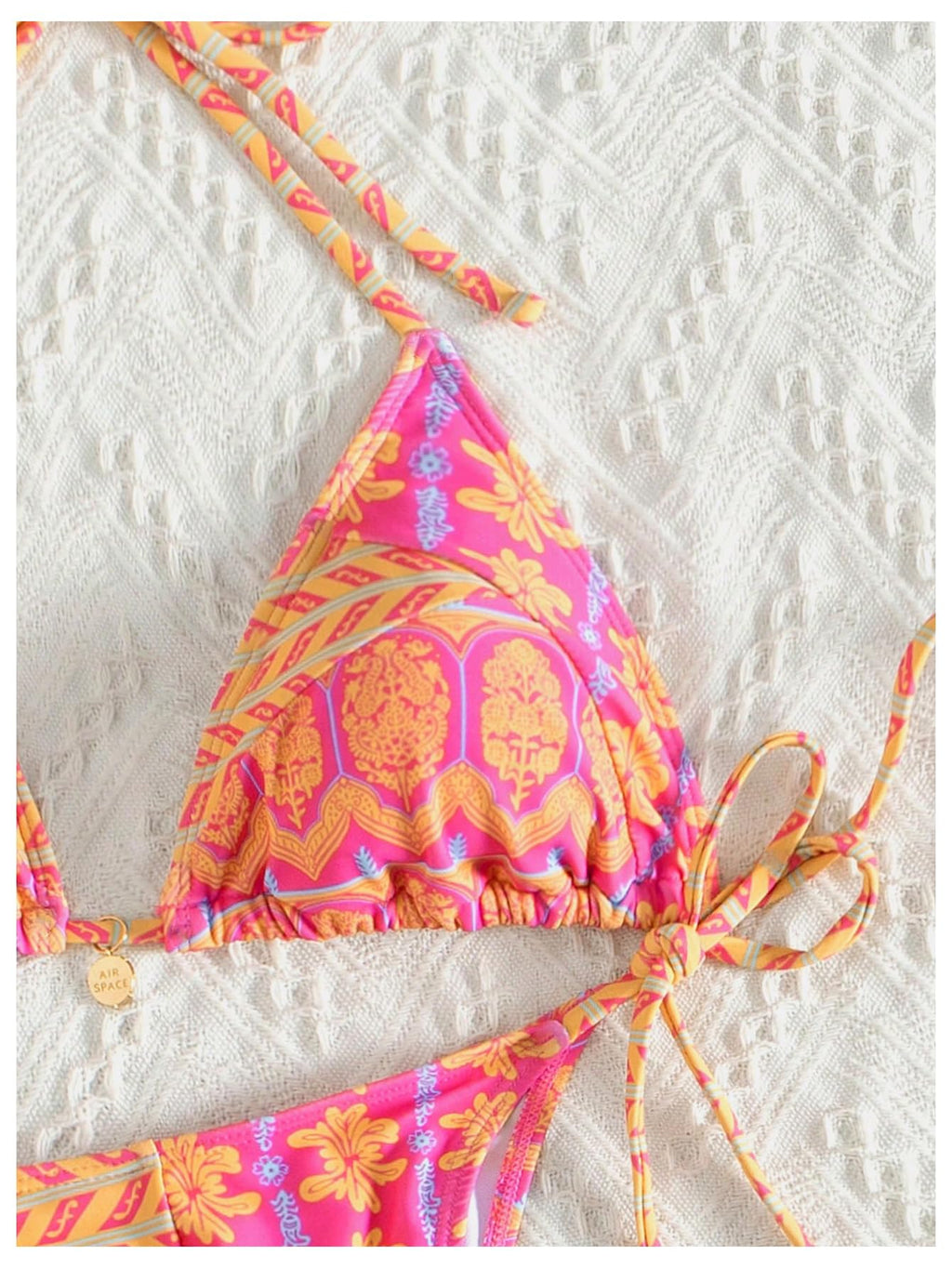 WDIRARA Women's 2 Piece Floral Print Swimsuits Geometric Halter String Triangle Bikini Set Beach Bathing Suit Pink Yellow Multi Medium