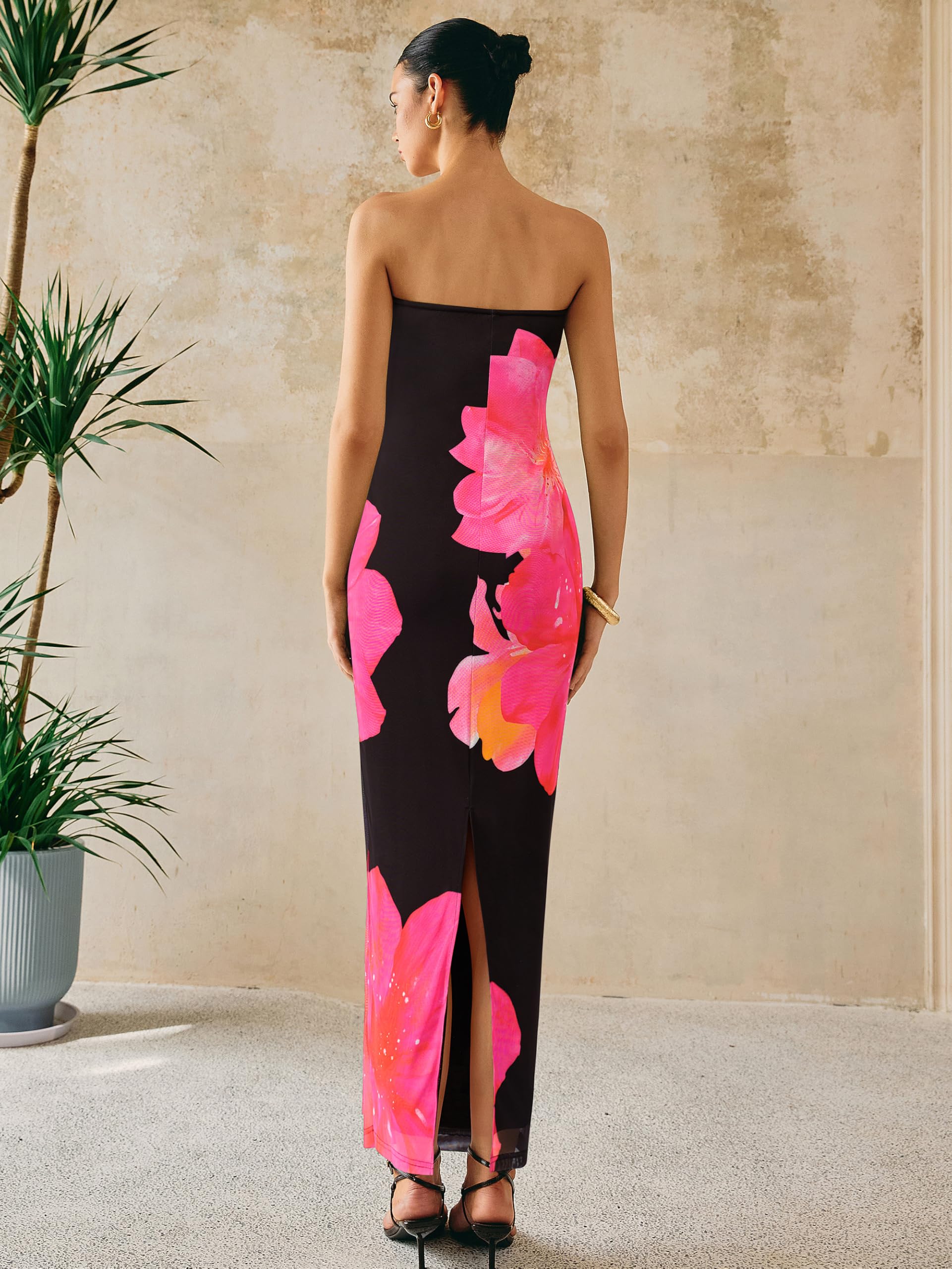 PRETTYGARDEN Women Summer Strapless Maxi Dress Bodycon Floral Sexy Long Wedding Guest Dress Formal Tube Mesh Cocktail Dresses(Black Pink Flower,Medium)