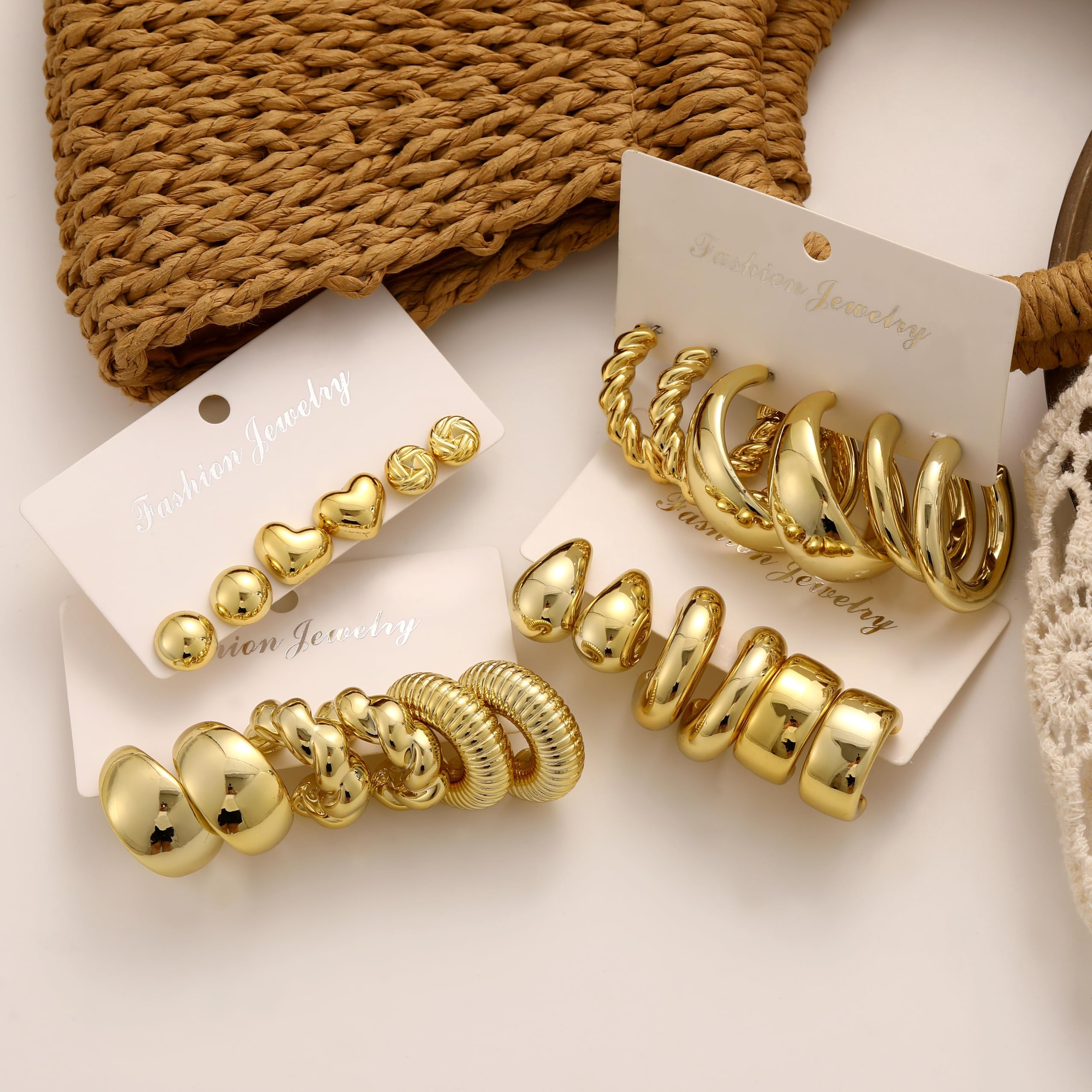 12 Pairs Chunky Gold Hoop Earrings for Women Trendy, Gold Plated Lightweight Classics Hypoallergenic Stack, Thick Open Twisted Huggie Hoops Earring Set