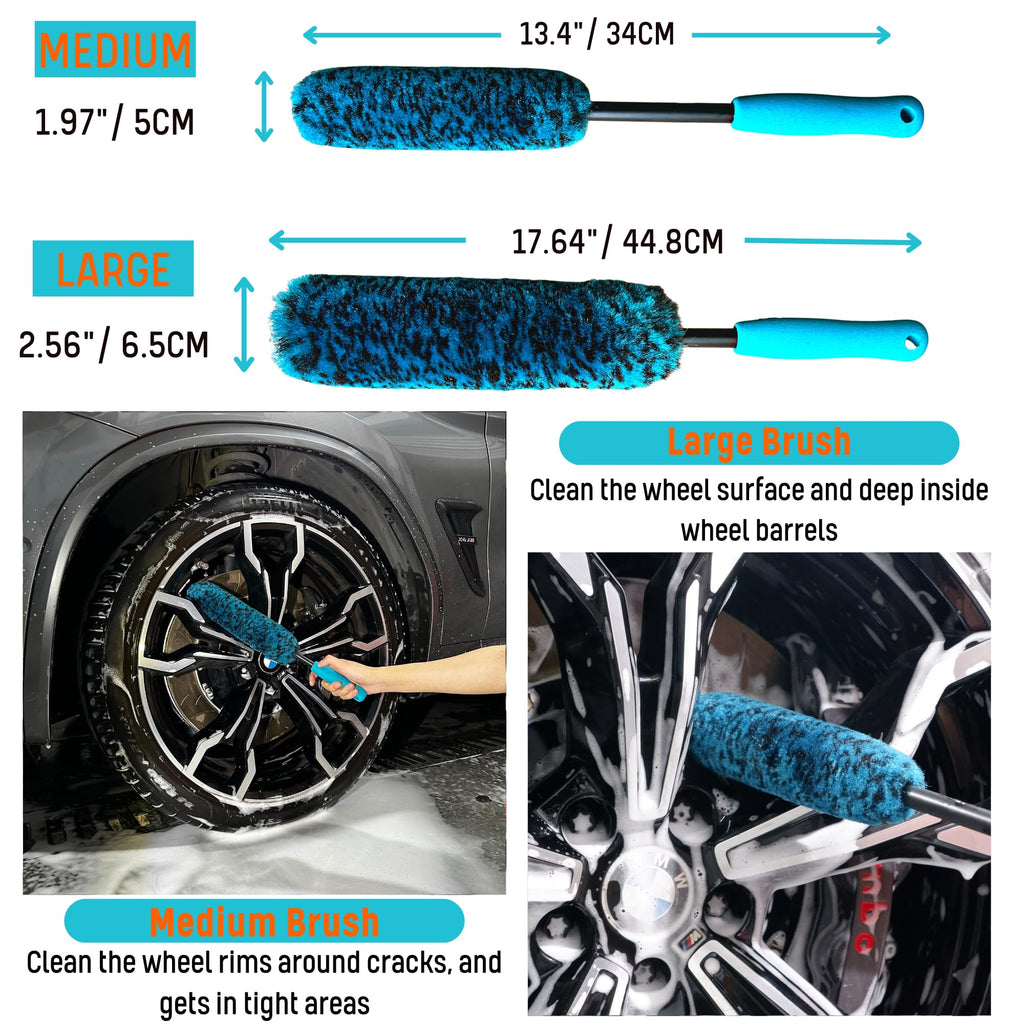 oesee 6PCS Car Wheel Cleaning Detailing Pro Kit, Tire Brush, 2 PCS Soft Woolies Rims Brush, Detailing Brush, and Tire Dressing Pads, Scratch-Free & Multipurpose Tire Brush