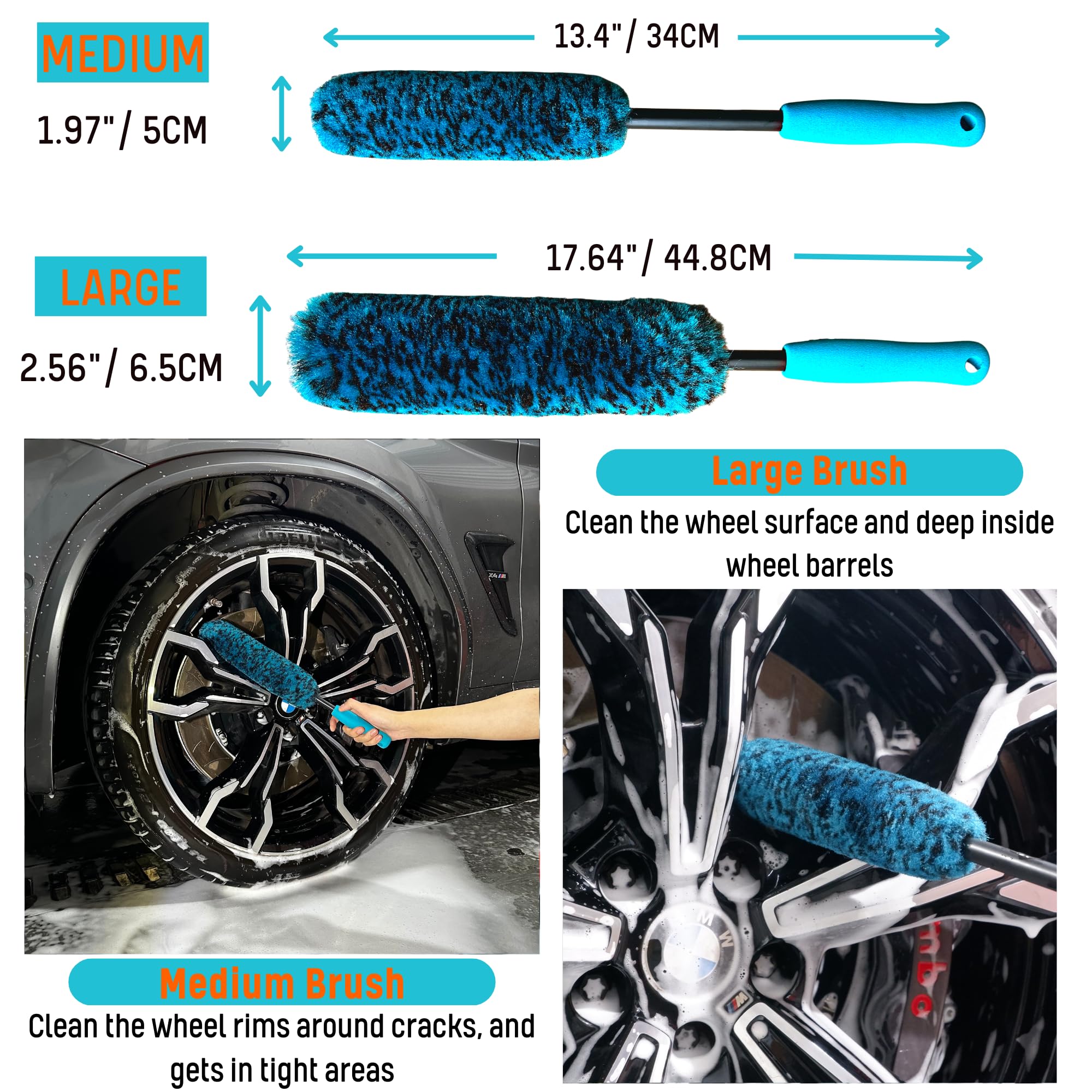 oesee 6PCS Car Wheel Cleaning Detailing Pro Kit, Tire Brush, 2 PCS Soft Woolies Rims Brush, Detailing Brush, and Tire Dressing Pads, Scratch-Free & Multipurpose Tire Brush