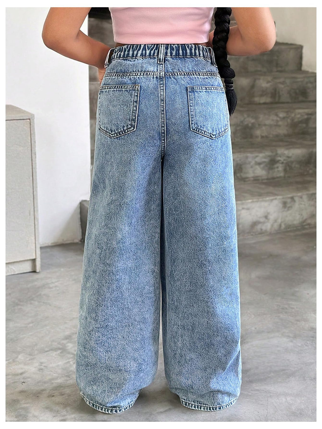 WDIRARA Girl's Heart Embroidered Y2k Denim Pants Elastic High Waist Wide Leg Jeans with Pockets Light Blue 8Y